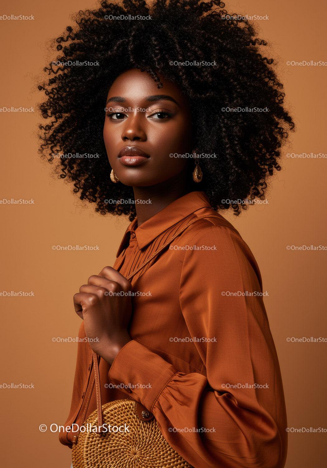 Elegant Black Woman with Curly Hair in Stylish Satin Blouse
