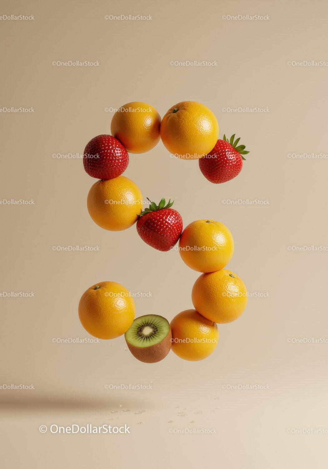 Number three formed by floating fresh fruits