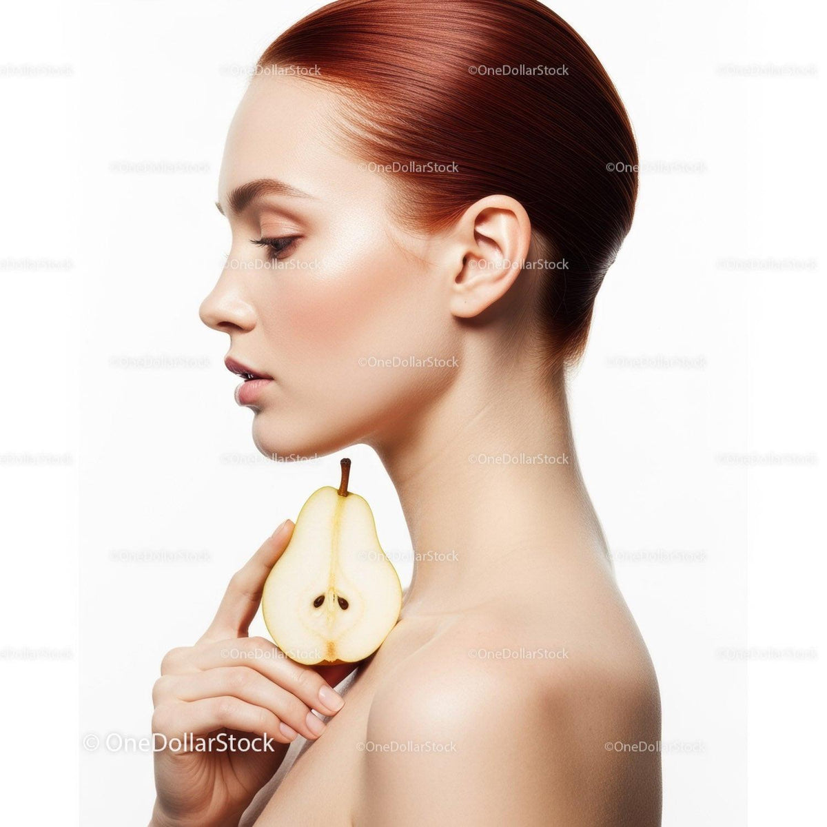 Elegant Woman with Red Hair Holding Pear in Wellness Portrait