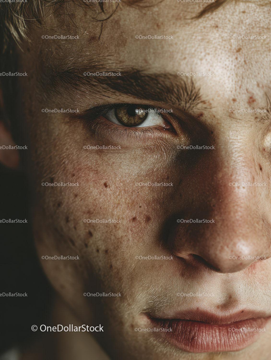 Close-up of a Young Woman's Face with Green Eye and Freckles