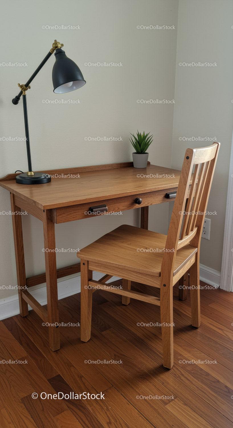Wooden Desk and Chair with Desk Lamp and Potted Plant in Modern Home Office