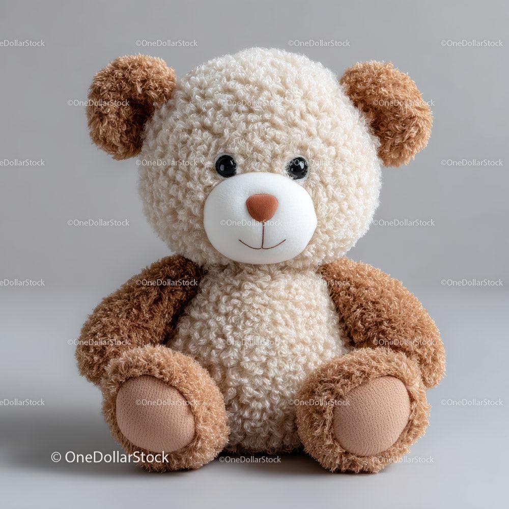 Plush teddy bear with curly beige and brown fur sitting against a gray backdrop