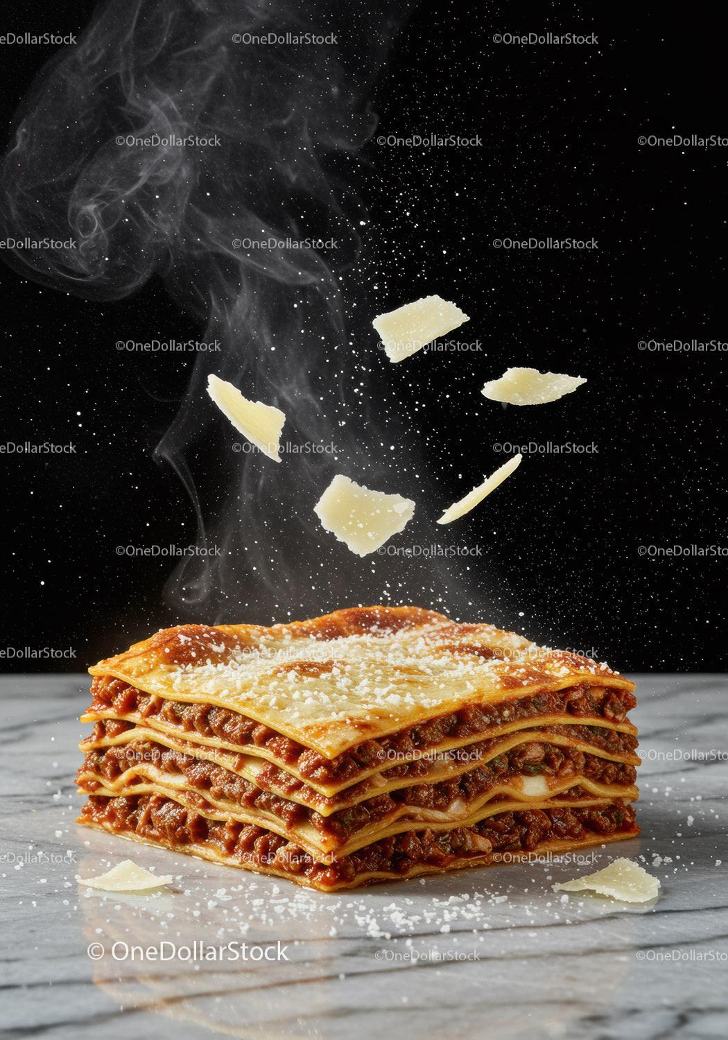 Classic layered lasagna with parmesan cheese flakes