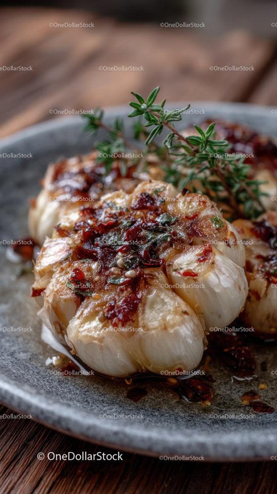 Roasted Garlic Bulb with Fresh Herbs on Rustic Plate
