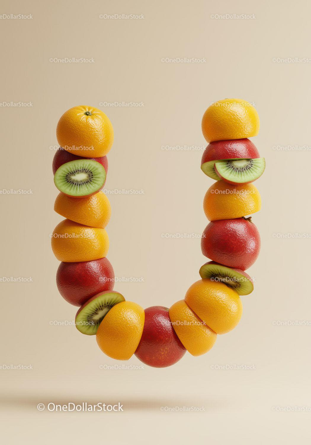 Creative letter U formed with fresh citrus and kiwi fruits