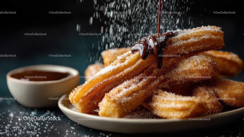 stock photo bundle made with Crispy Sugar-Coated Churros with Chocolate Dipping Sauce Stock Photo Bundle