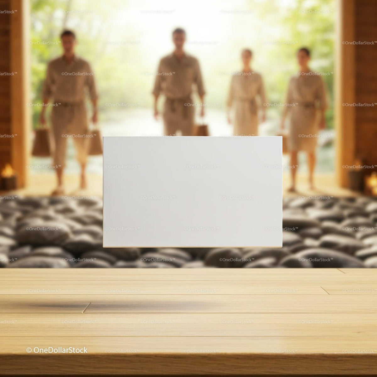Relaxed spa visitors arriving with baskets in natural setting JPG Mockup Image preview