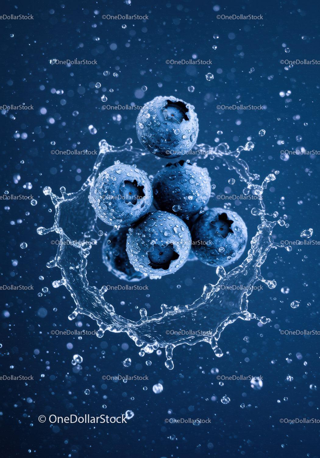 Fresh blueberries splashing into water droplets