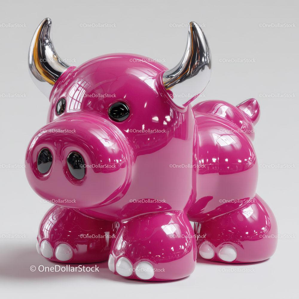 Glossy pink bull figurine with silver horns and black eyes on gray background