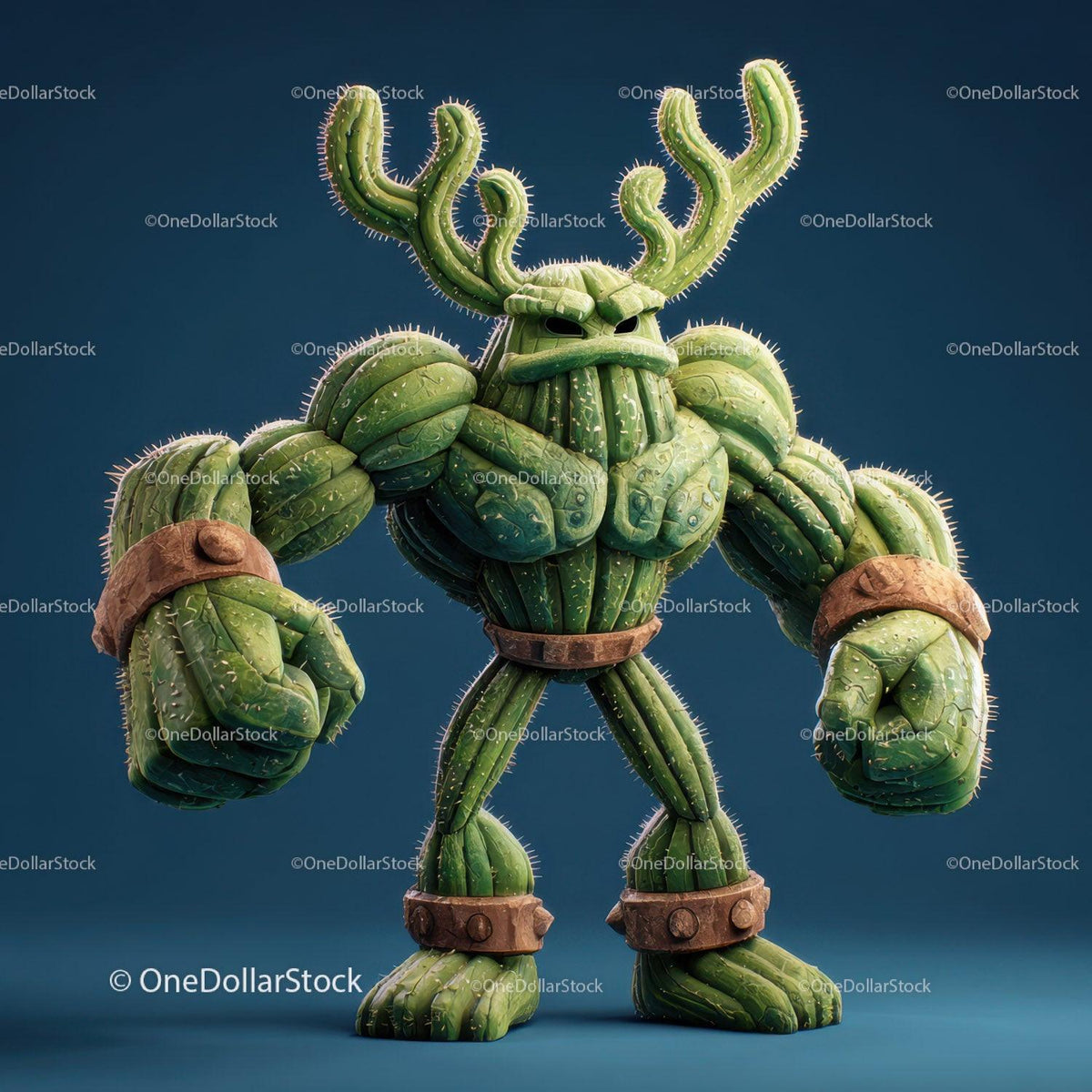 Green cactus humanoid figure with brown wristbands and ankle bands on blue background