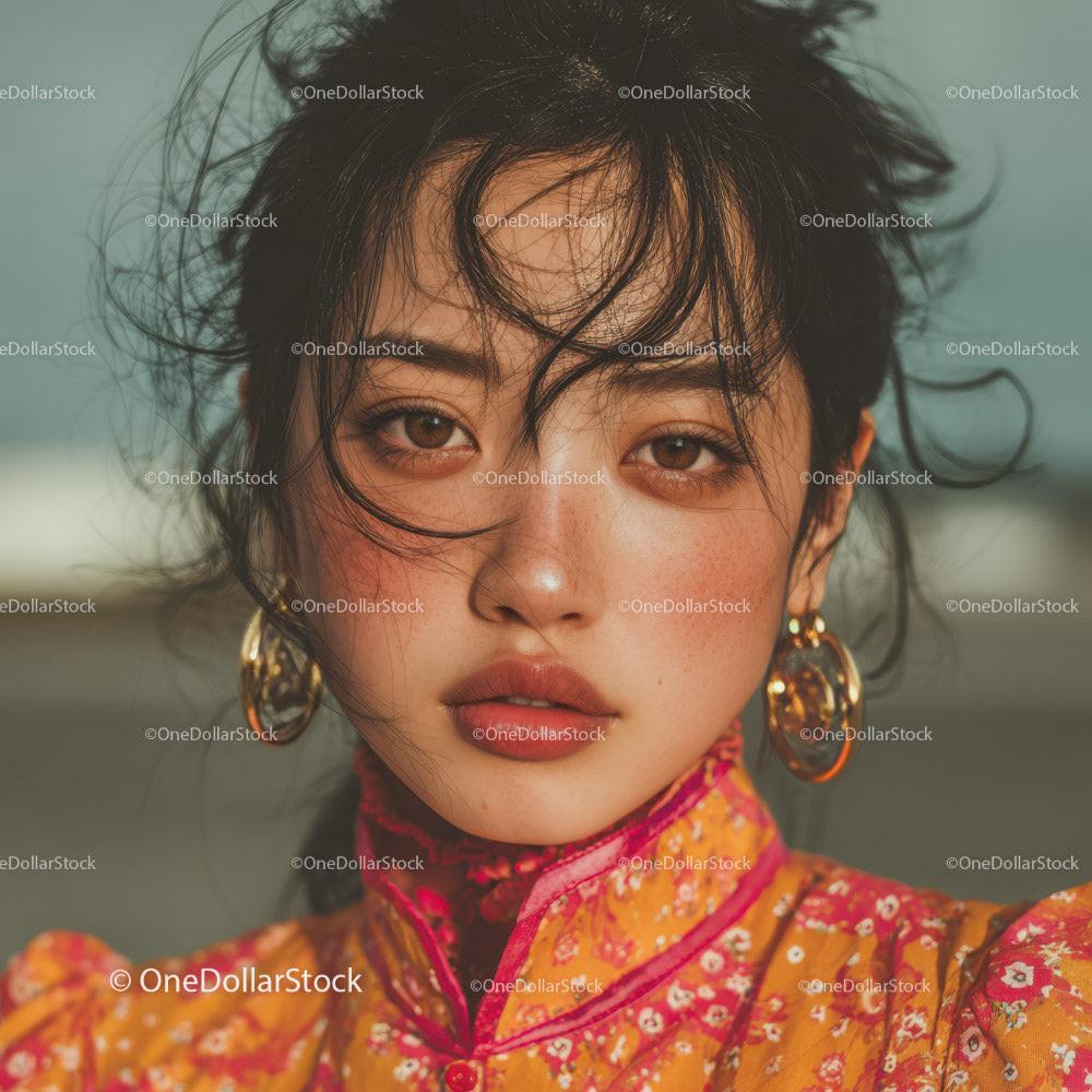 Young Woman with Freckled Skin and Wavy Hair in Vibrant Dress