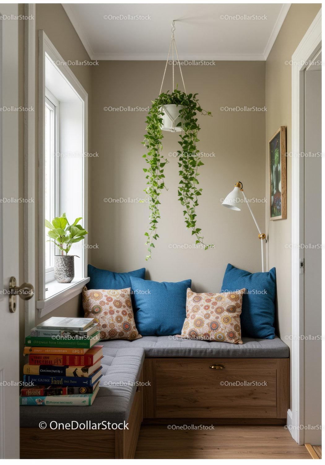 Cozy Home Reading Nook with Green Houseplants and Colorful Cushions