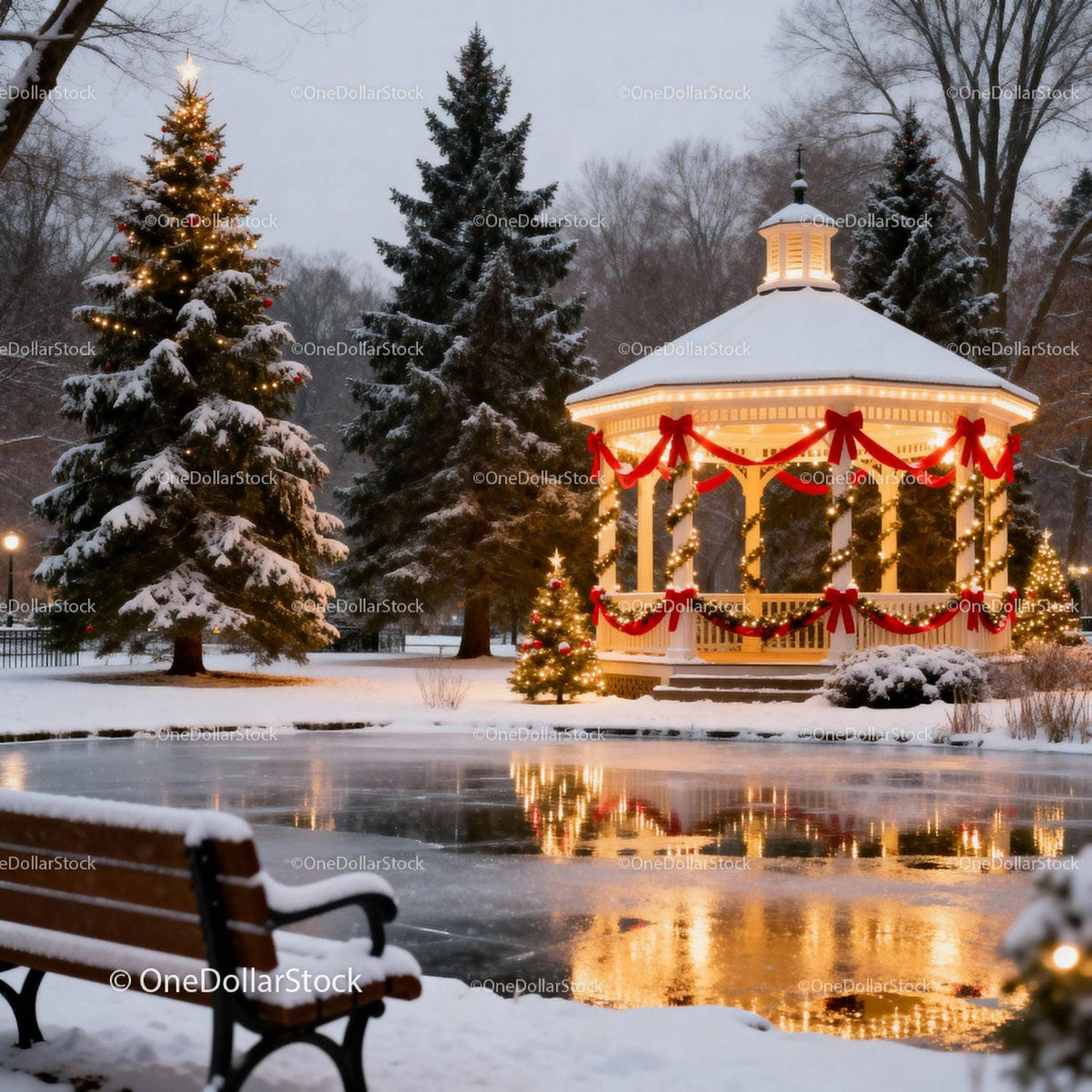 Snowy park gazebo decorated with festive Christmas lights