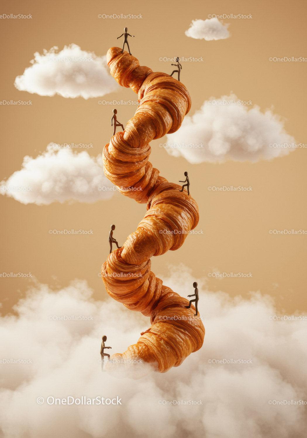 Tiny figures climbing spiraled croissant in cloudy sky