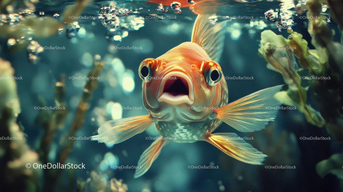 Close-up orange goldfish swimming underwater with plants and bubbles