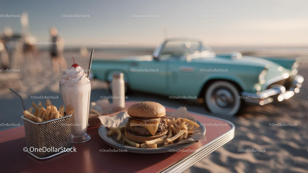 Beachside Cheeseburger French Fries and Milkshake with Classic Car Stock Photo Bundle preview 25