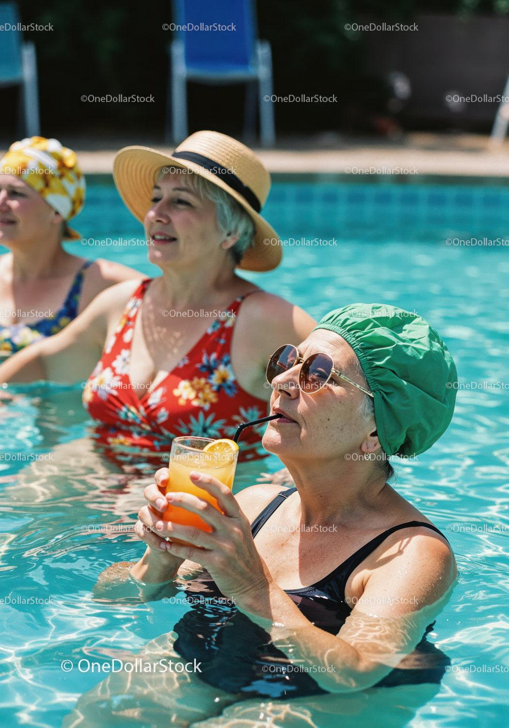 Elderly Women Relaxing and Drinking Refreshing Drinks in Pool 12 JPG Files digital asset preview