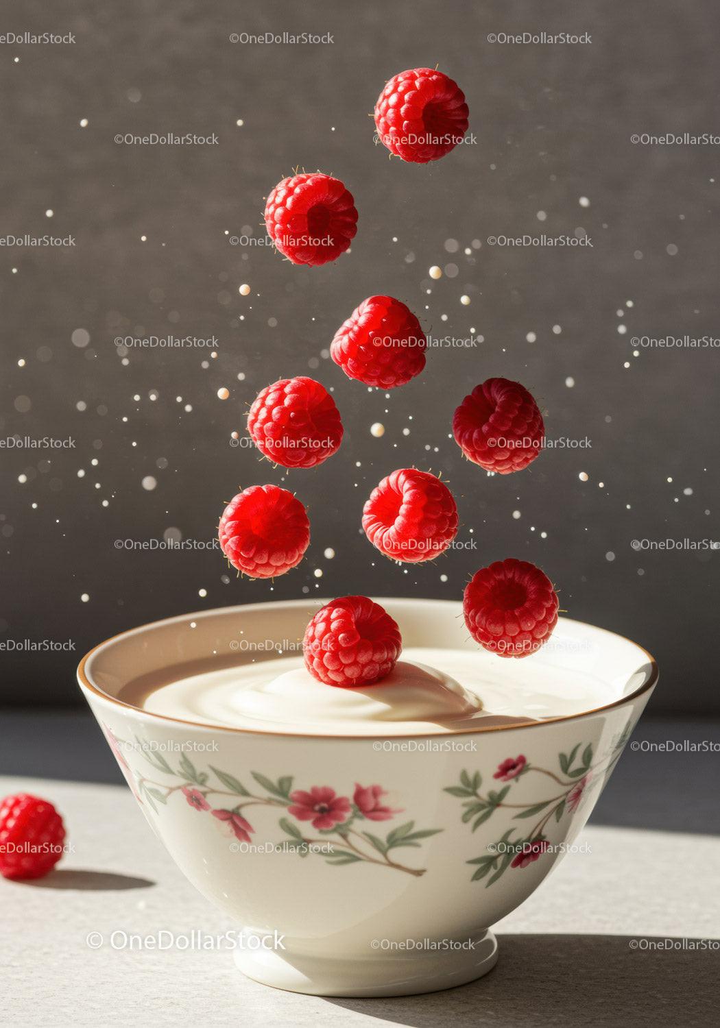Fresh raspberries falling into creamy yogurt bowl