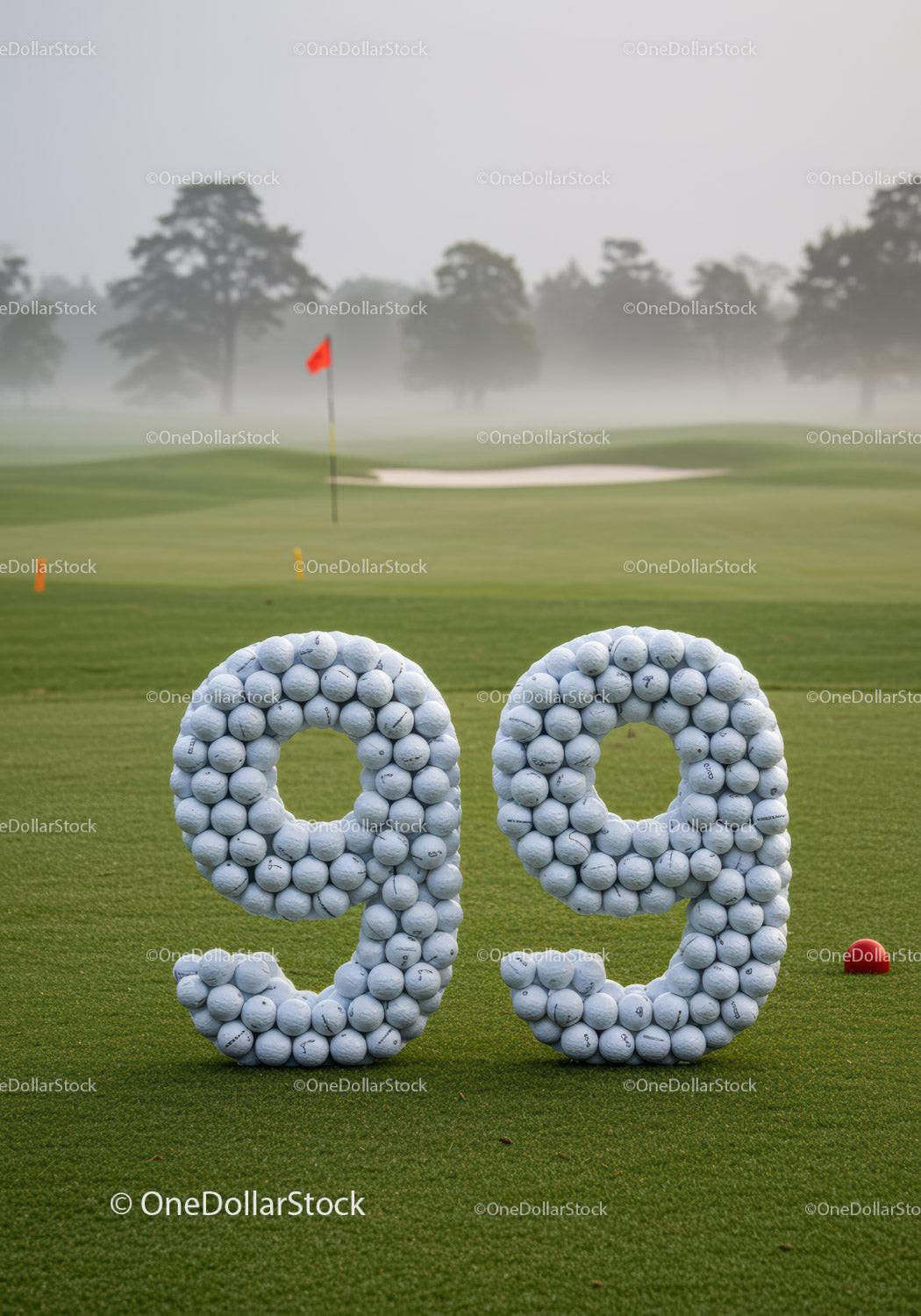 Number 99 formed with golf balls on misty course