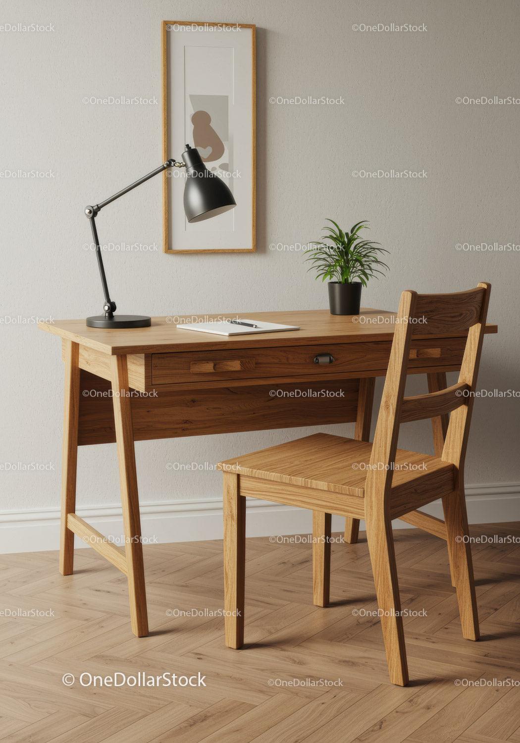 Modern Wooden Desk and Chair with Desk Lamp and Potted Plant