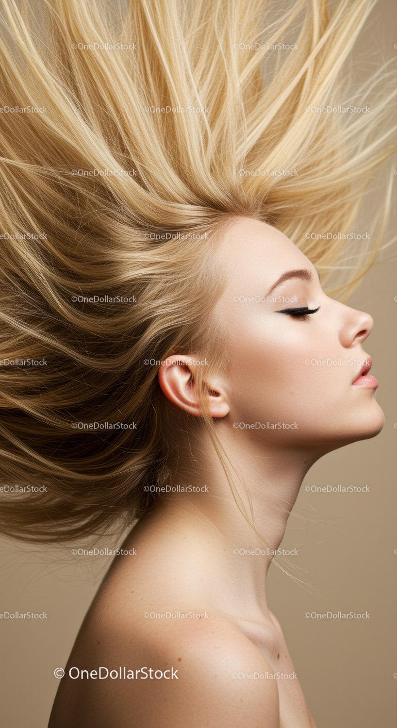 Profile of a young woman with flowing blonde hair