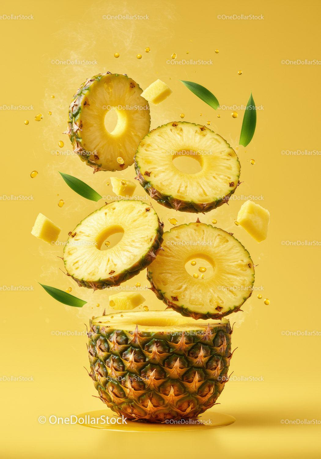 Floating pineapple slices with fresh green leaves