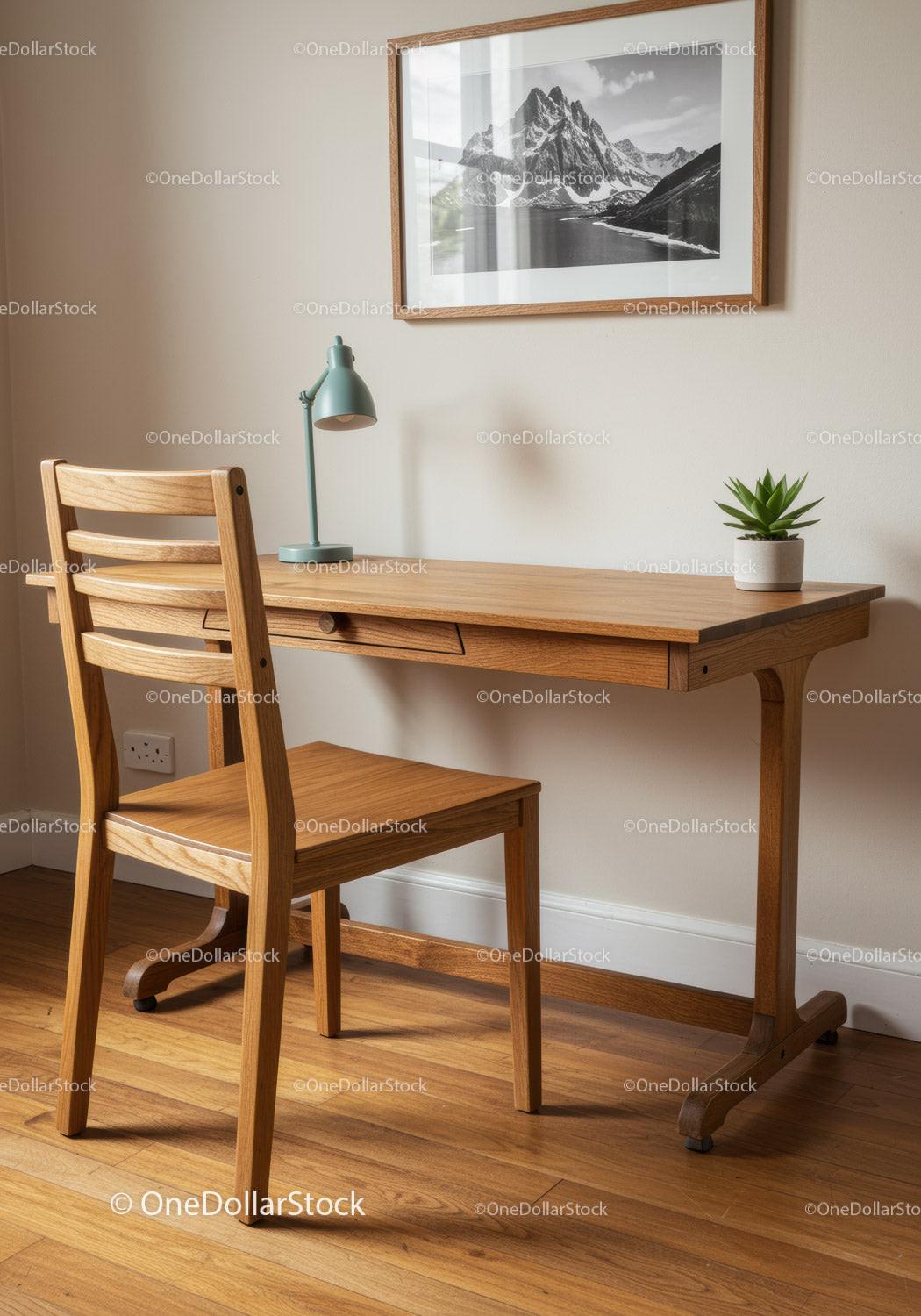 Modern Wooden Desk with Chair and Mountain Artwork in Cozy Home Office