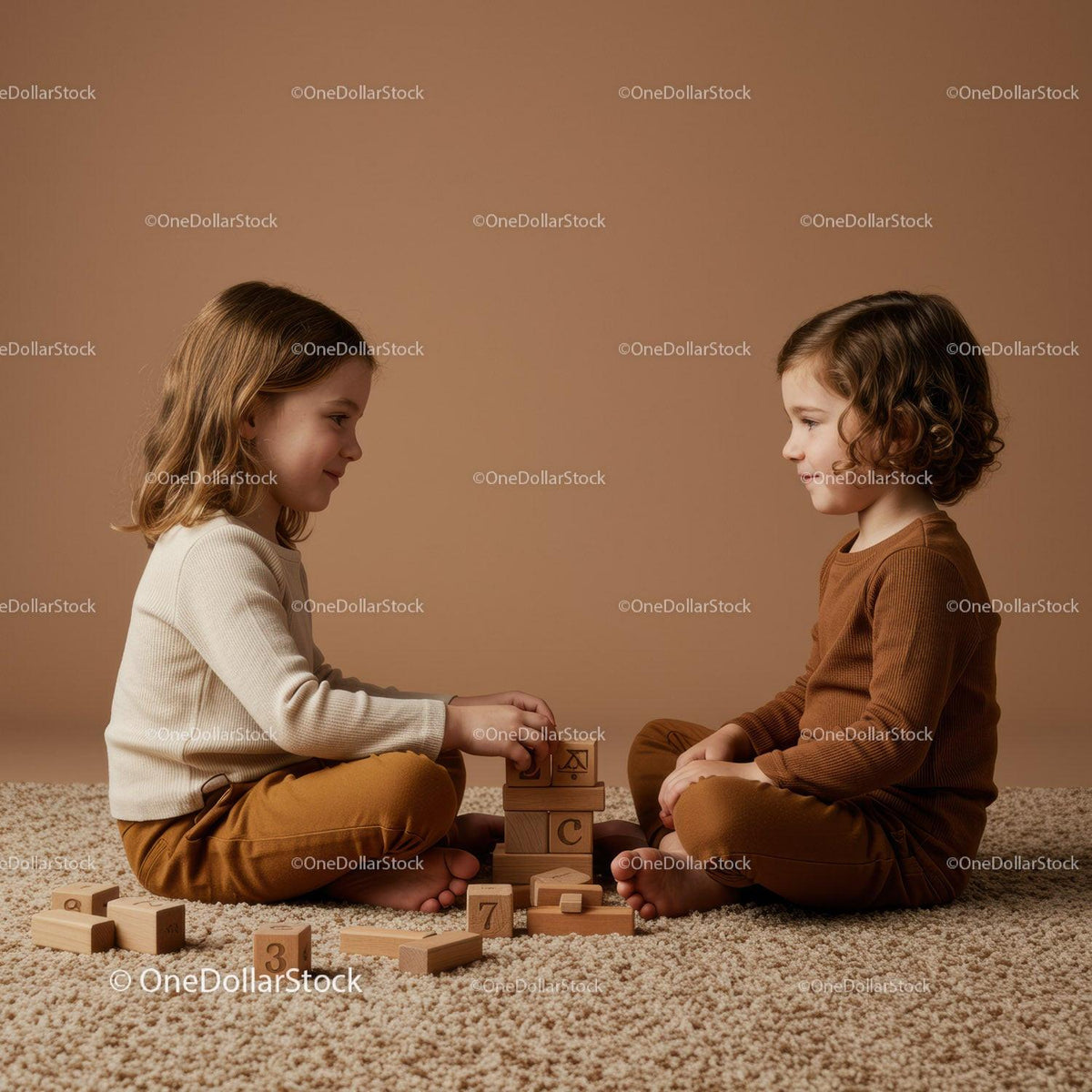 Two children playing with wooden blocks on carpet