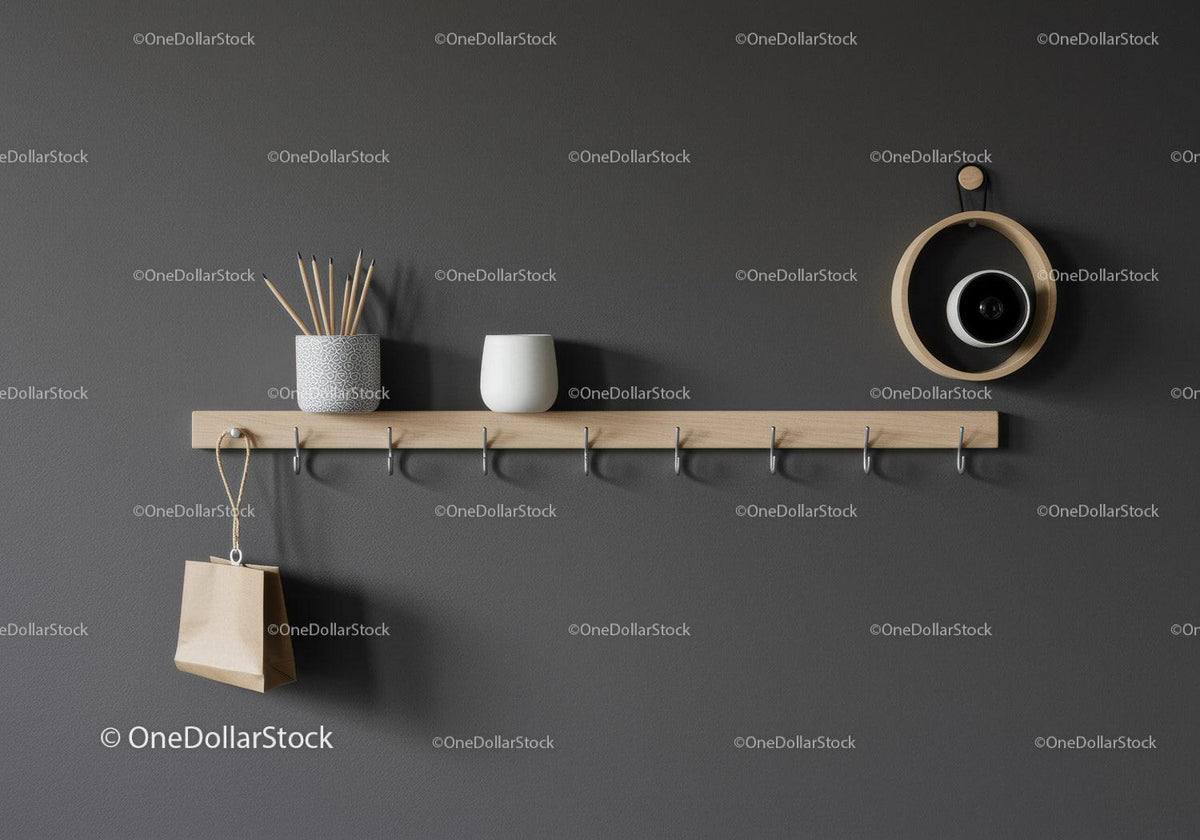 Minimalist Wooden Shelf with Vases and Wall Hooks on Gray Wall