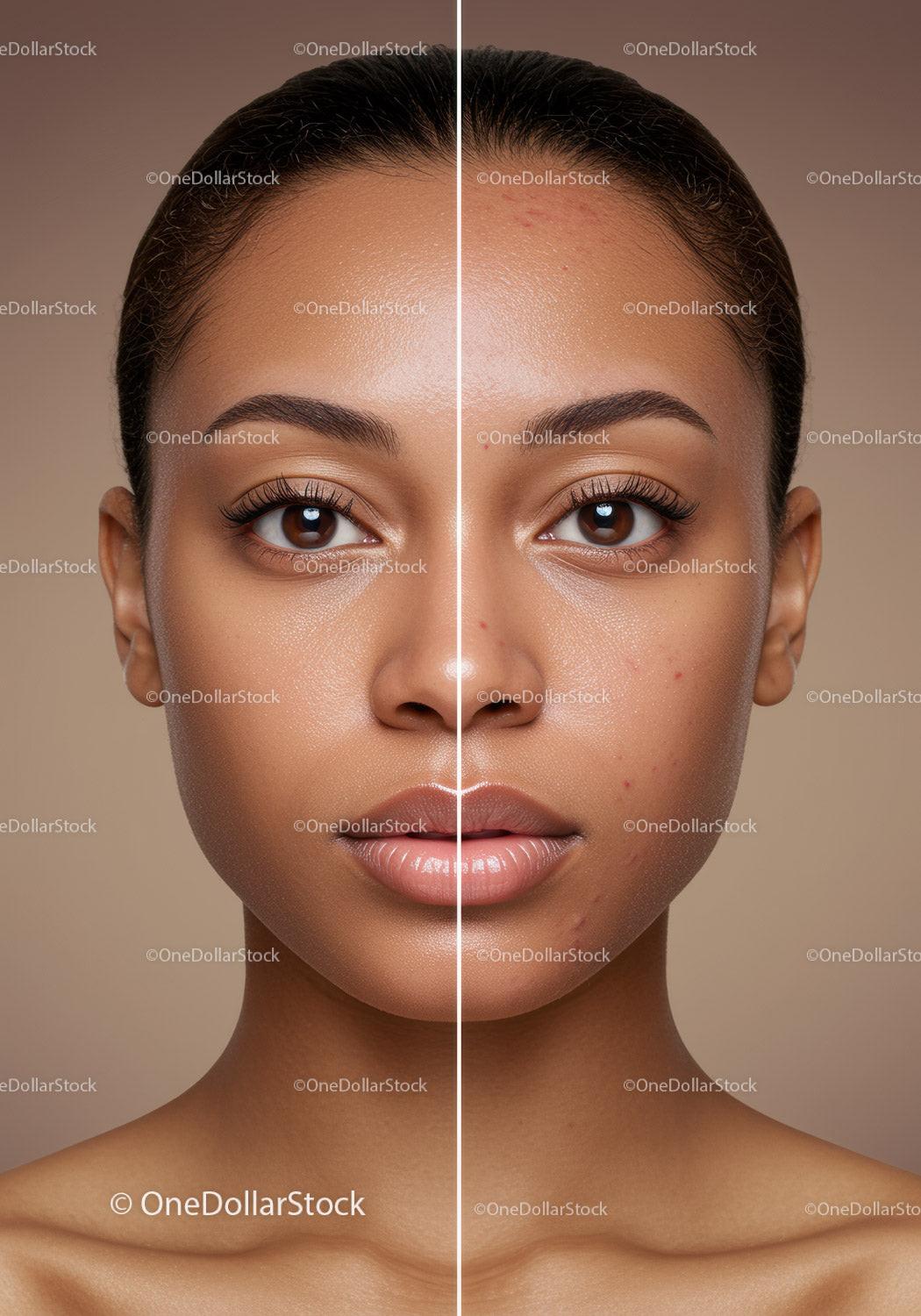 Split Face of Young Woman with Flawless Skin and Natural Makeup