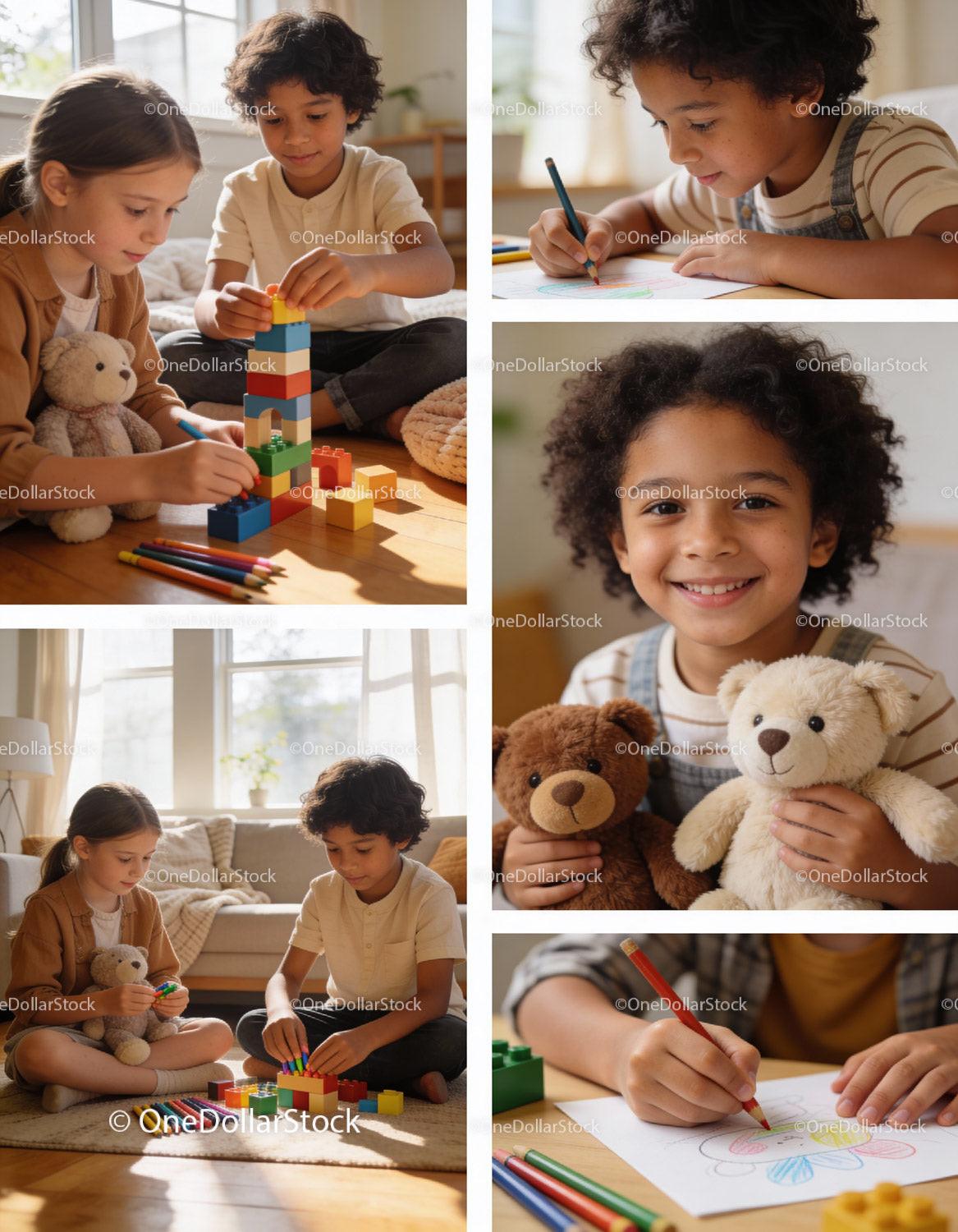 Children Engaged in Creative Play with Toys and Drawing