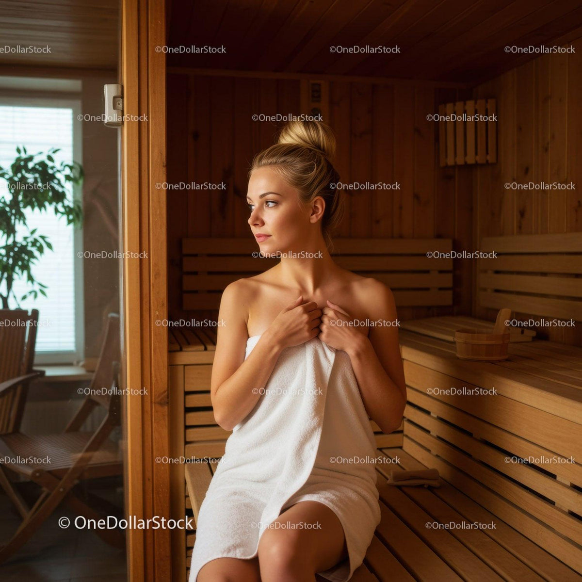 Young Woman Relaxing in Sauna with Wooden Interior and Towel