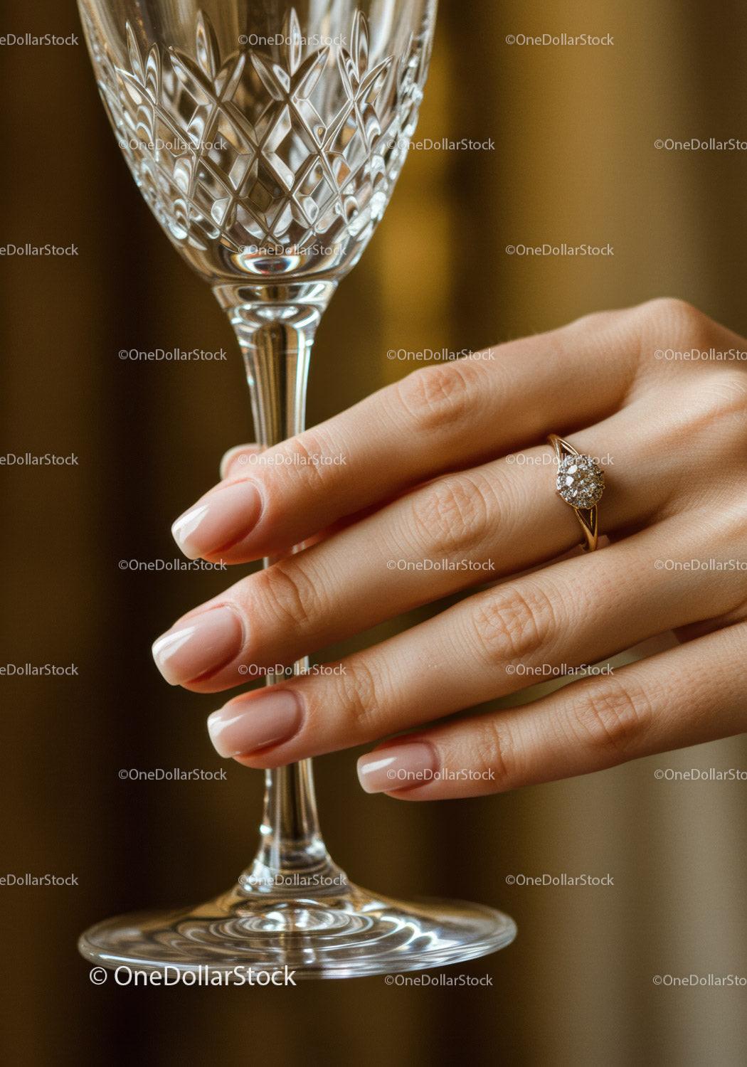 Elegant hand with diamond ring holding crystal glass