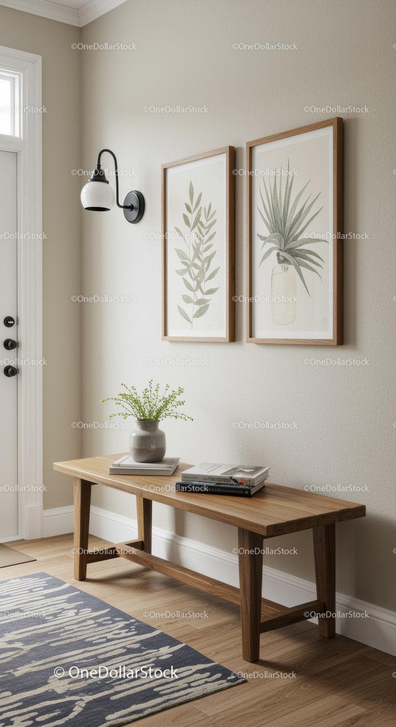Elegant Minimalist Interior with Botanical Wall Art and Greenery
