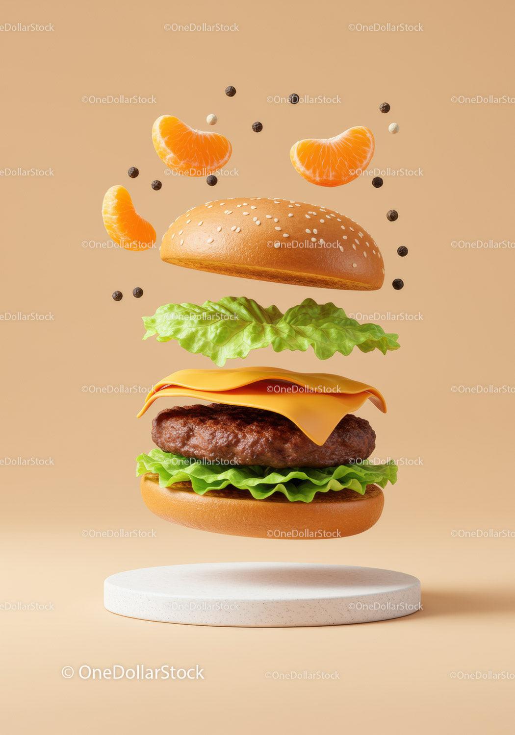 Deconstructed cheeseburger with floating mandarin slices and pepper