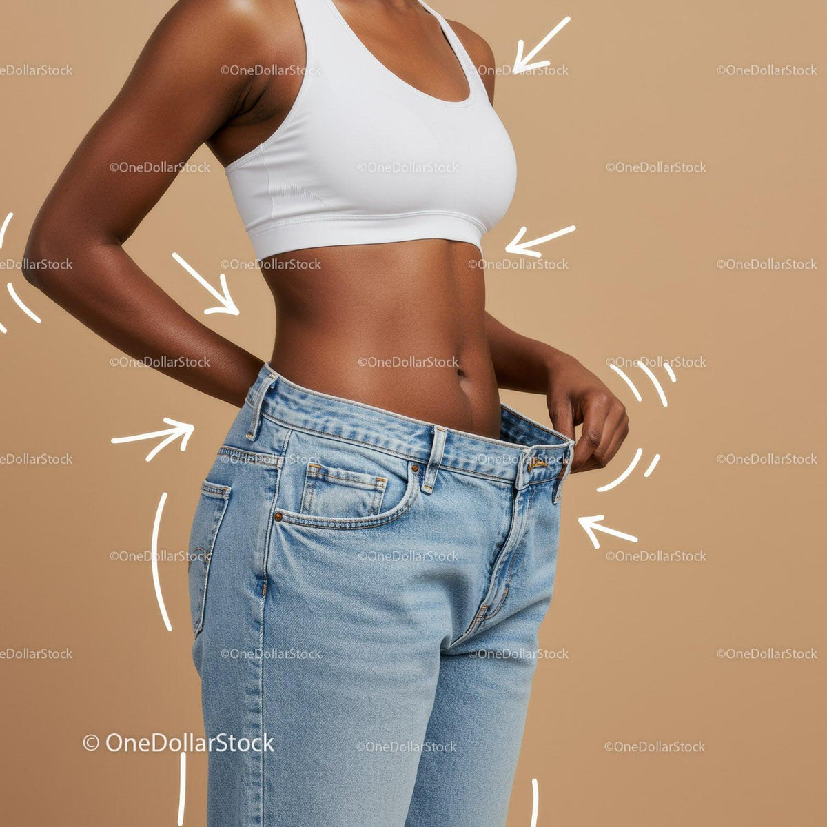 Woman Measuring Waist in Denim Jeans Wearing Sports Bra