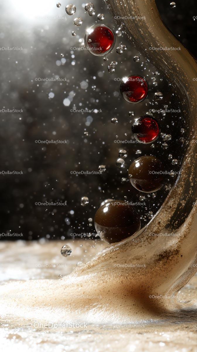 Close-up of Carbonated Bubbles in Dark Liquid with Metallic Highlights