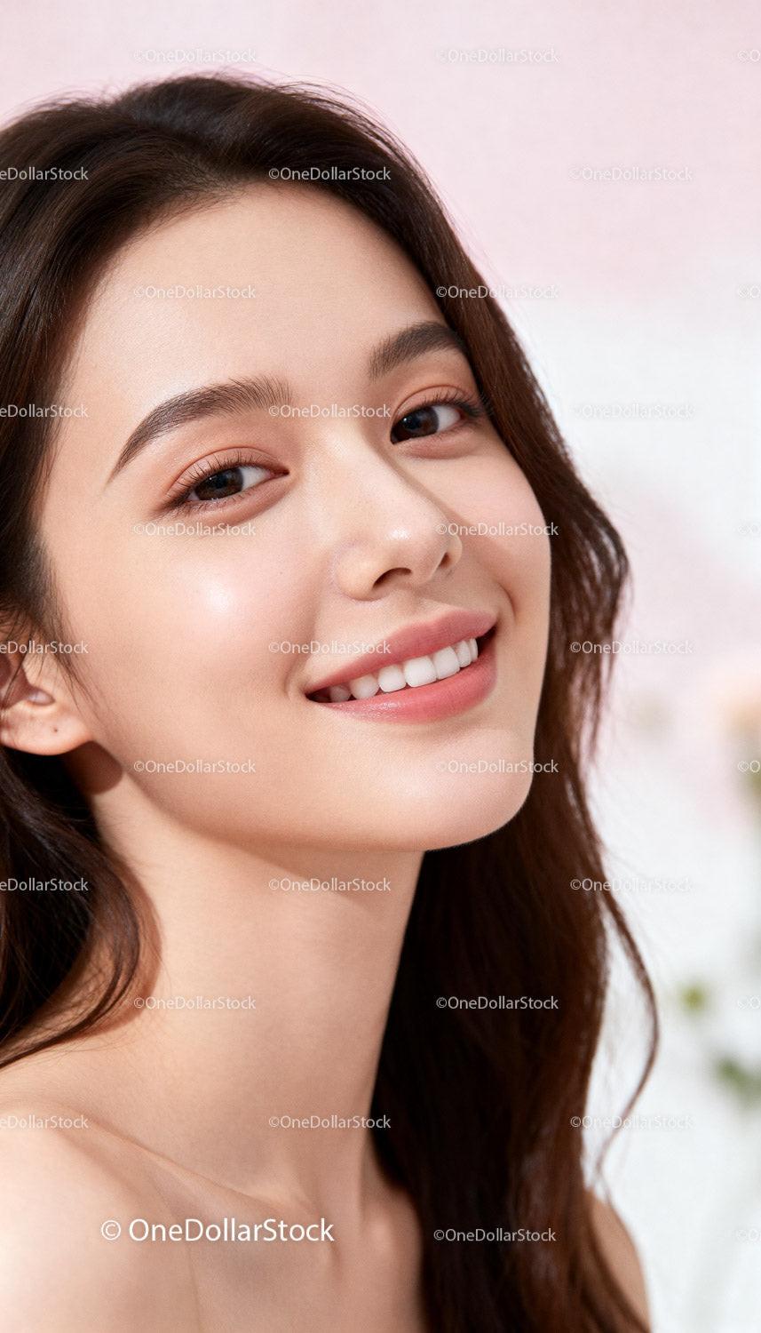 Close-up portrait of smiling woman with radiant skin