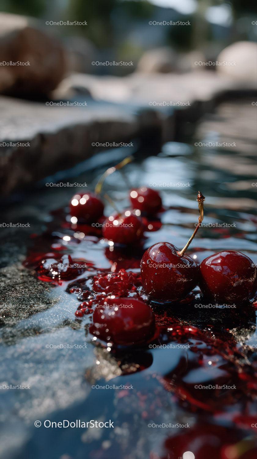 Close-up of Ripe Red Cherries on Rocks by River in Nature
