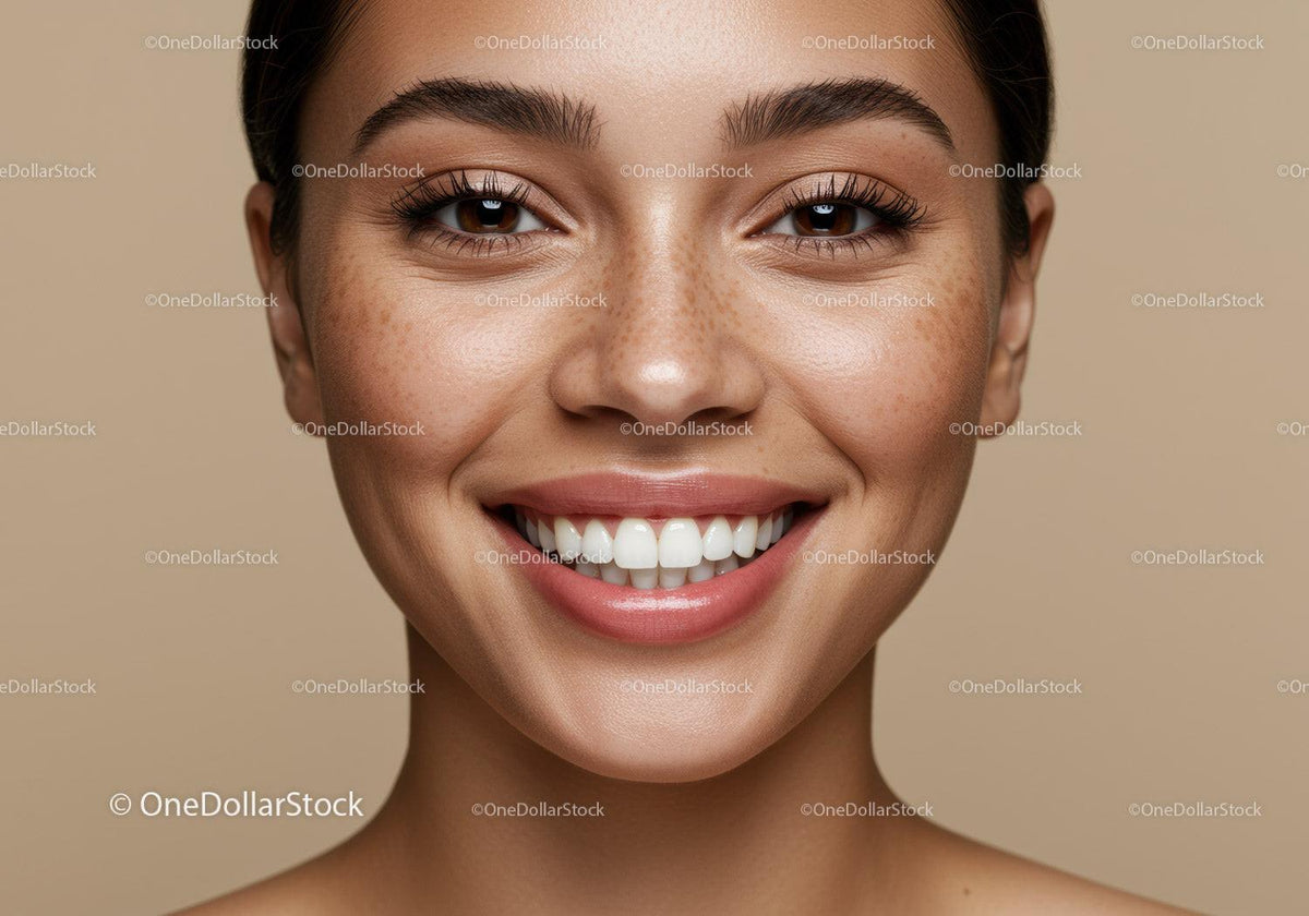 Closeup of smiling young woman with natural freckles