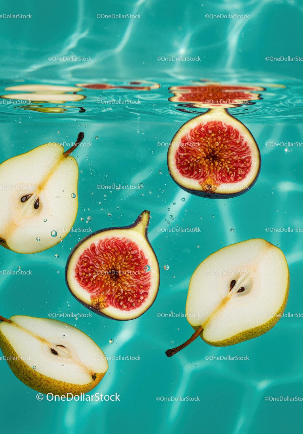 Fresh pear and fig slices floating in turquoise water