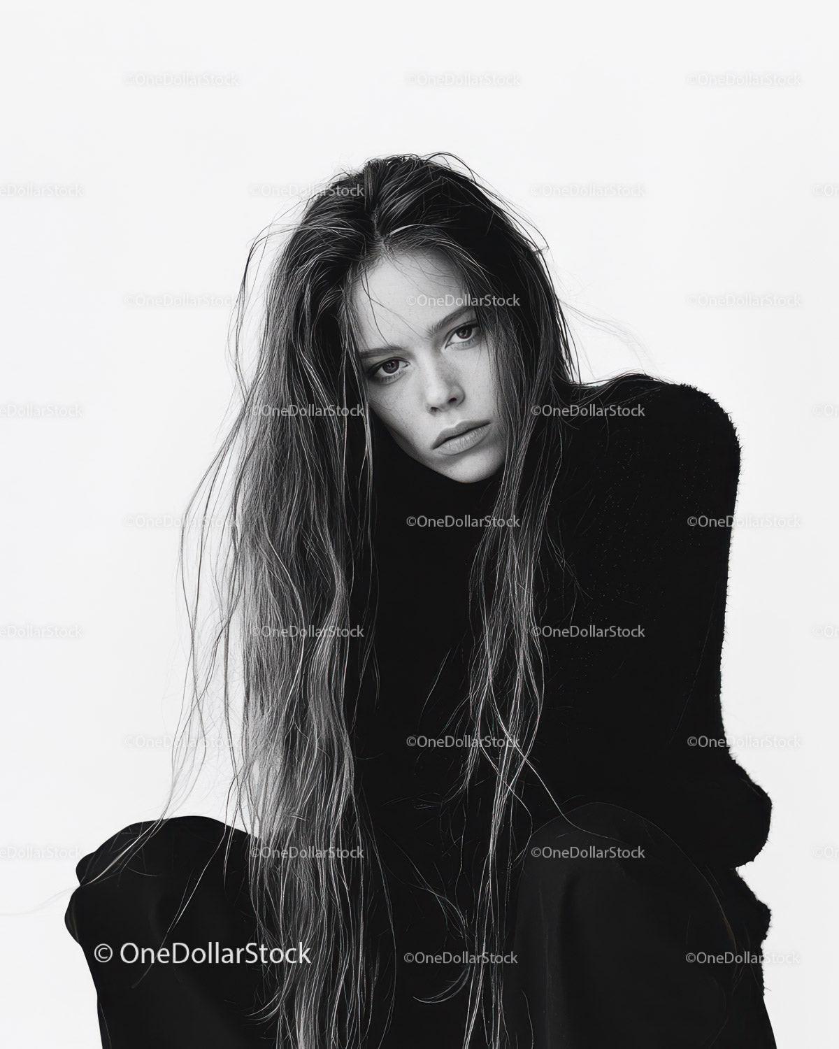 Moody Black and White Portrait of a Woman with Long Hair