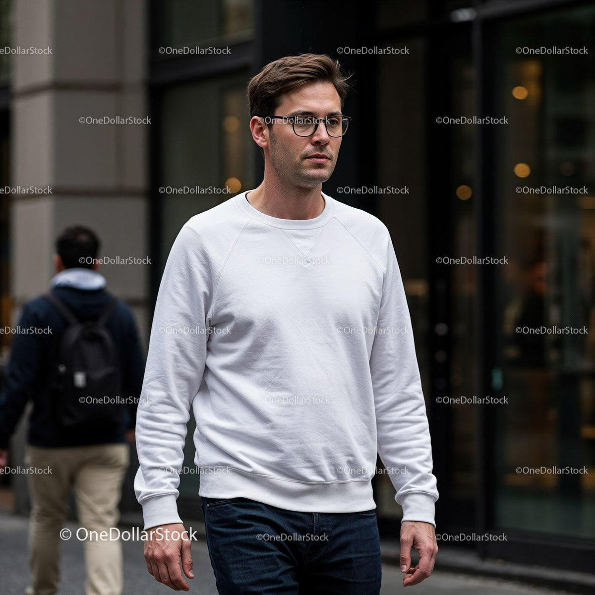 Young man walking on busy city street in casual outfit JPG Mockup Image preview