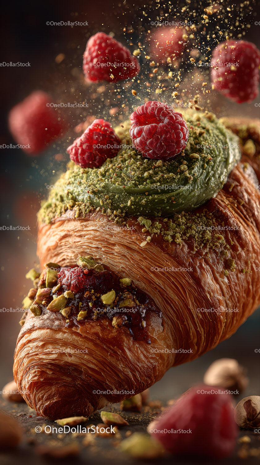 Gourmet Croissant with Raspberry, Pistachios and Green Icing