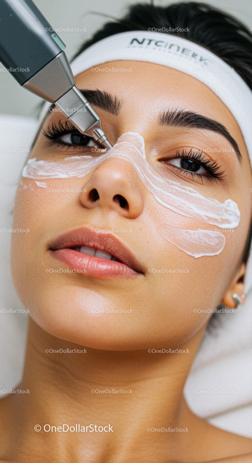 Woman Receiving Laser Facial Treatment with Cosmetic Device