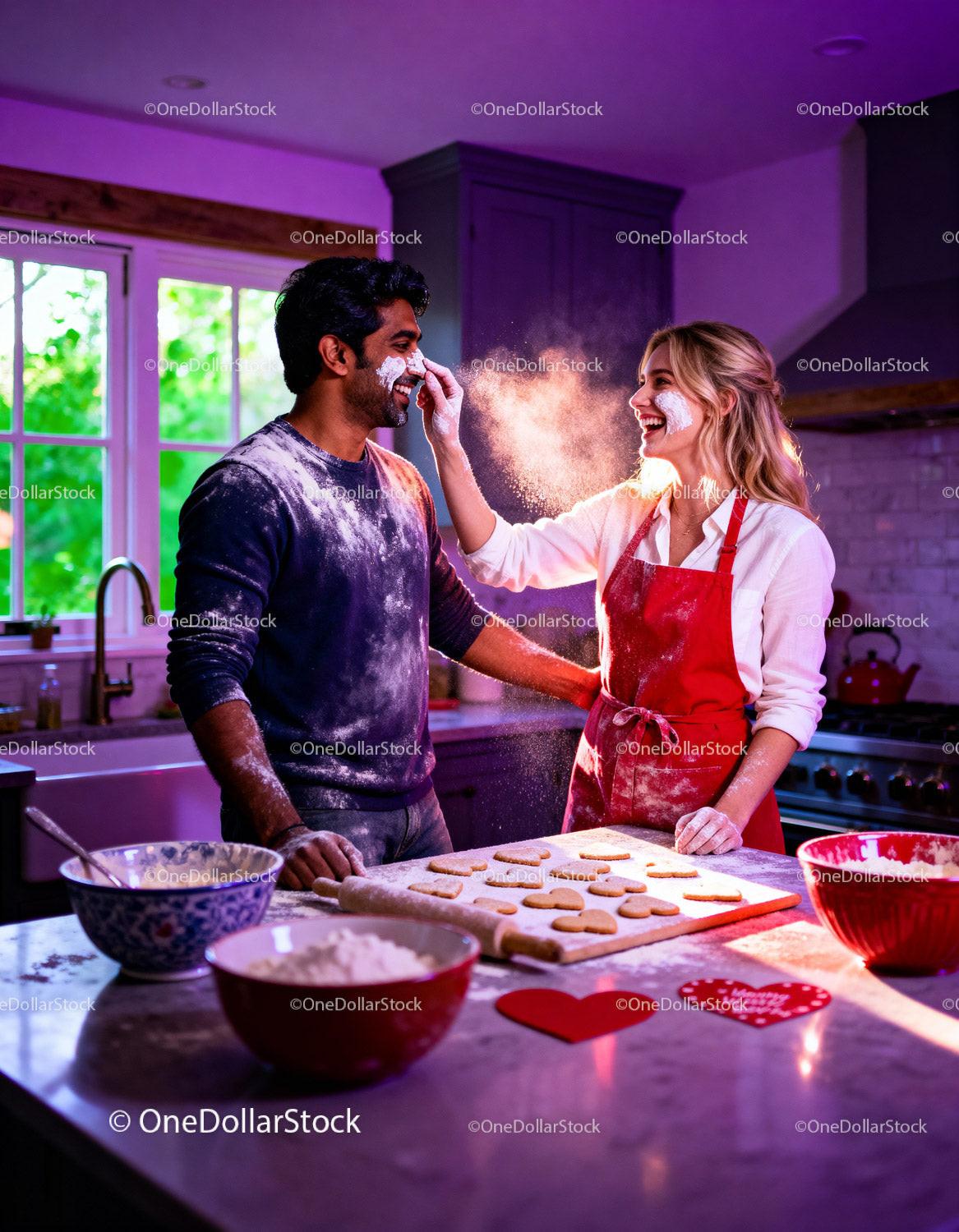 Couple Playfully Baking Heart Cookies Together