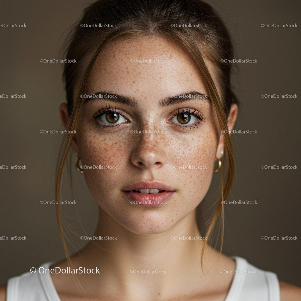 Portrait of a Freckled Woman with Brown Eyes in Natural Light