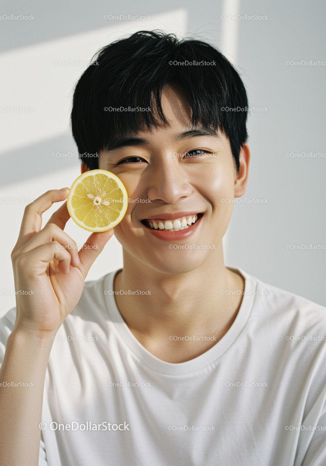 Smiling Young Man Holding Lemon Slice in Bright Setting