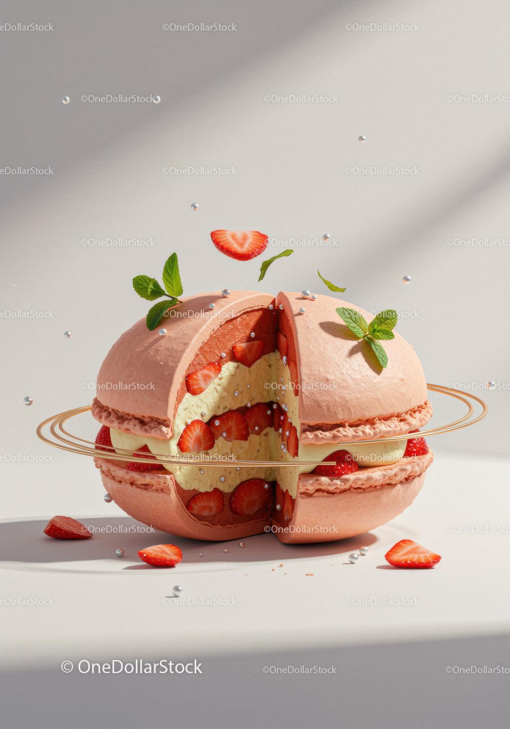 Strawberry Cream Macaron with Mint Leaves and Pearls