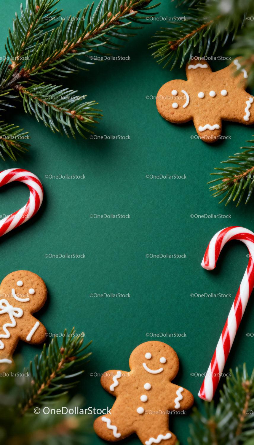 Gingerbread Cookies and Candy Canes with Pine Branches